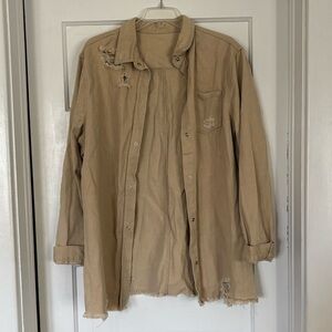 Zara Distressed Tan Button-Up Shacket with Pocket Detail
